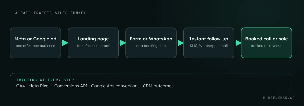 Diagram of a paid-traffic sales funnel: Meta or Google ad, landing page with one offer, form or WhatsApp step, instant follow-up and booked call or sale, with conversion tracking at every step