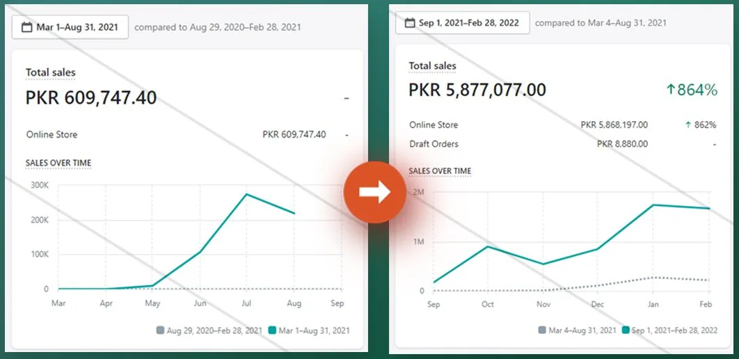Sales up 864% in six months. Nayza, fashion e-commerce. PKR 610K to PKR 5.88M.