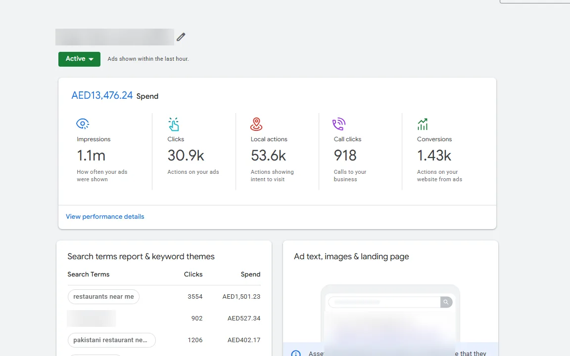 918 calls and 53.6K direction requests. Lunch buffet restaurant, Dubai. AED 13.5K spend, 30.9K clicks, 1.43K website conversions.
