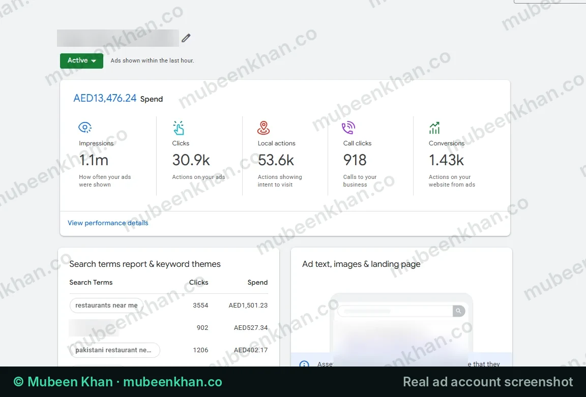 Google Ads screenshot for a Dubai lunch buffet restaurant showing 918 calls and 53.6K direction requests from AED 13.5K
