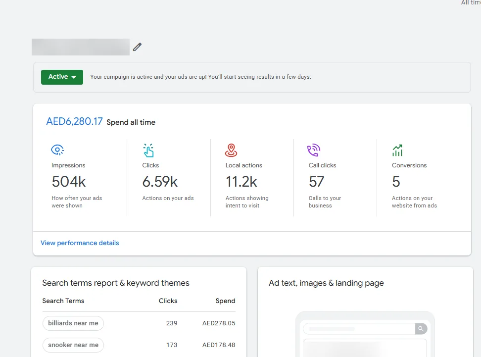 11.2K local actions from AED 6.3K. Snooker and pool lounge, Dubai. 504K impressions and 6.59K clicks.
